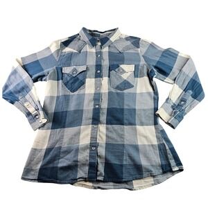 Western Plaid‎ Snap Button Shirt Men's Size Large Blue Cream Long Sleeve